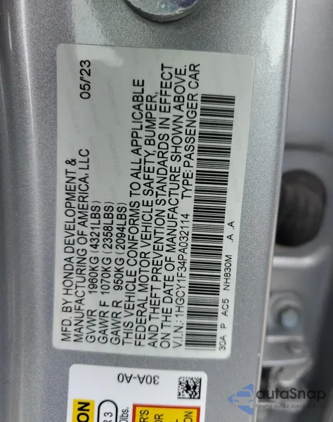 2023 Honda Accord Ex z USA, uszkodzony, nr VIN 1HGCY1F34PA032114
